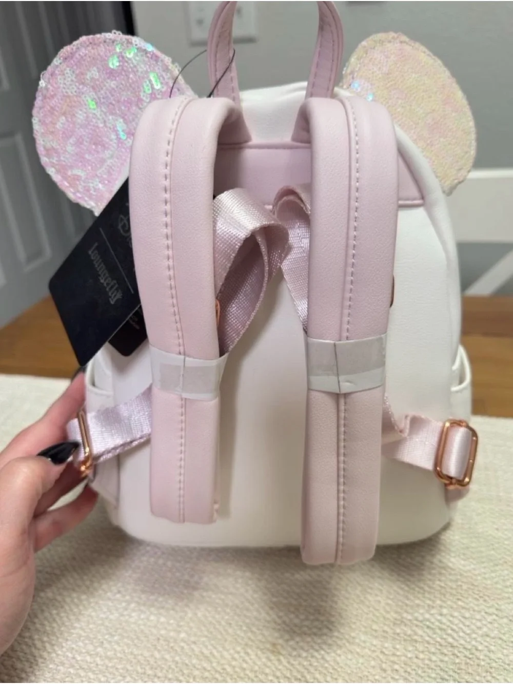 Loungefly White Mini Backpack with Pink Sequin Ears & Bow
